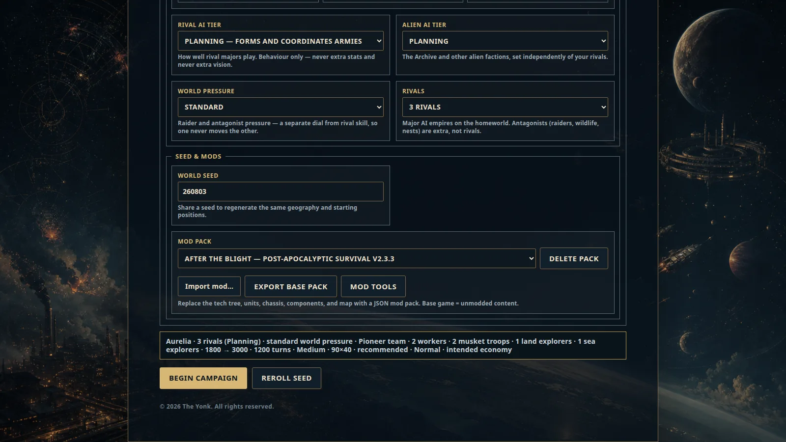 The campaign setup screen's Seed and Mods section with After the Blight selected in the Mod pack list, and the Import mod, Export base pack and Mod tools buttons beneath it.