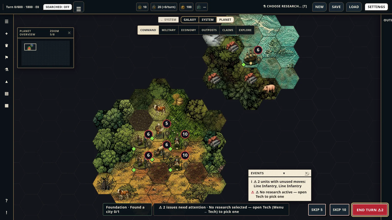 1800: line infantry, a cannon and a sailing ship on a forested homeworld.