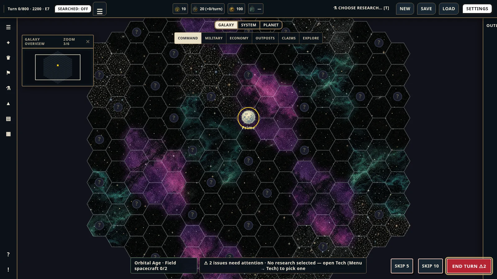 The galaxy map: a hex field of nebulae with the player's home system marked and unexplored sectors shown as question marks.