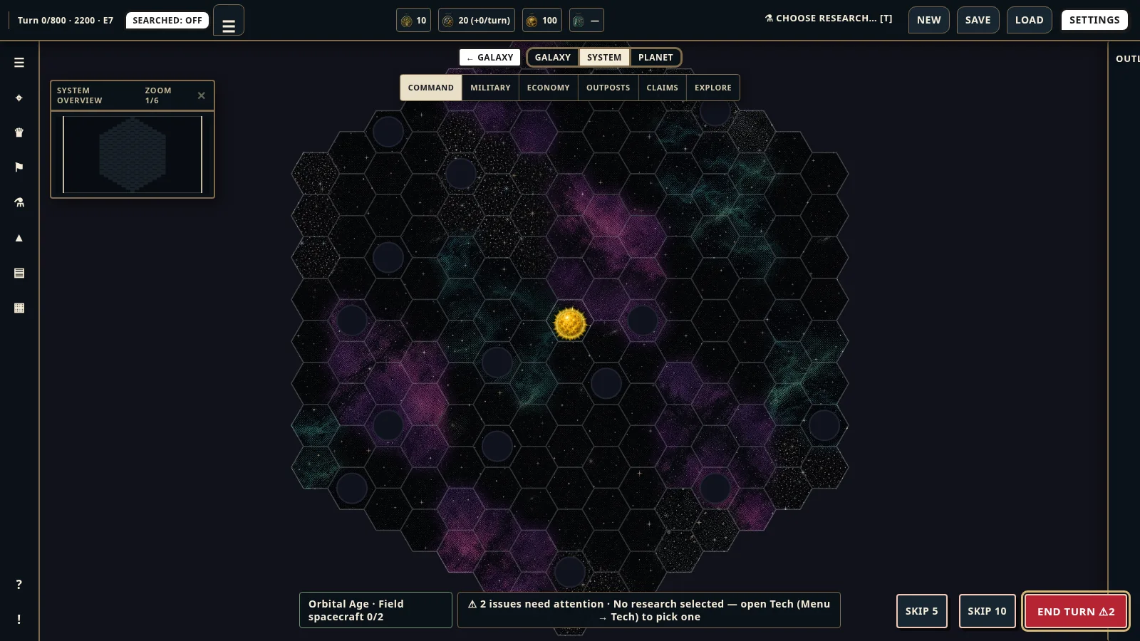 A star system map: a hex field around a yellow star with outpost sites between nebulae.